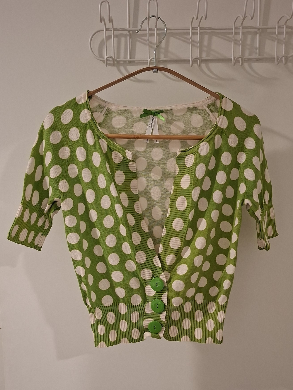 Next Girly/Twee Green/White Retro Polka Dot Button-Front Cardigan (Size UK 8/S)